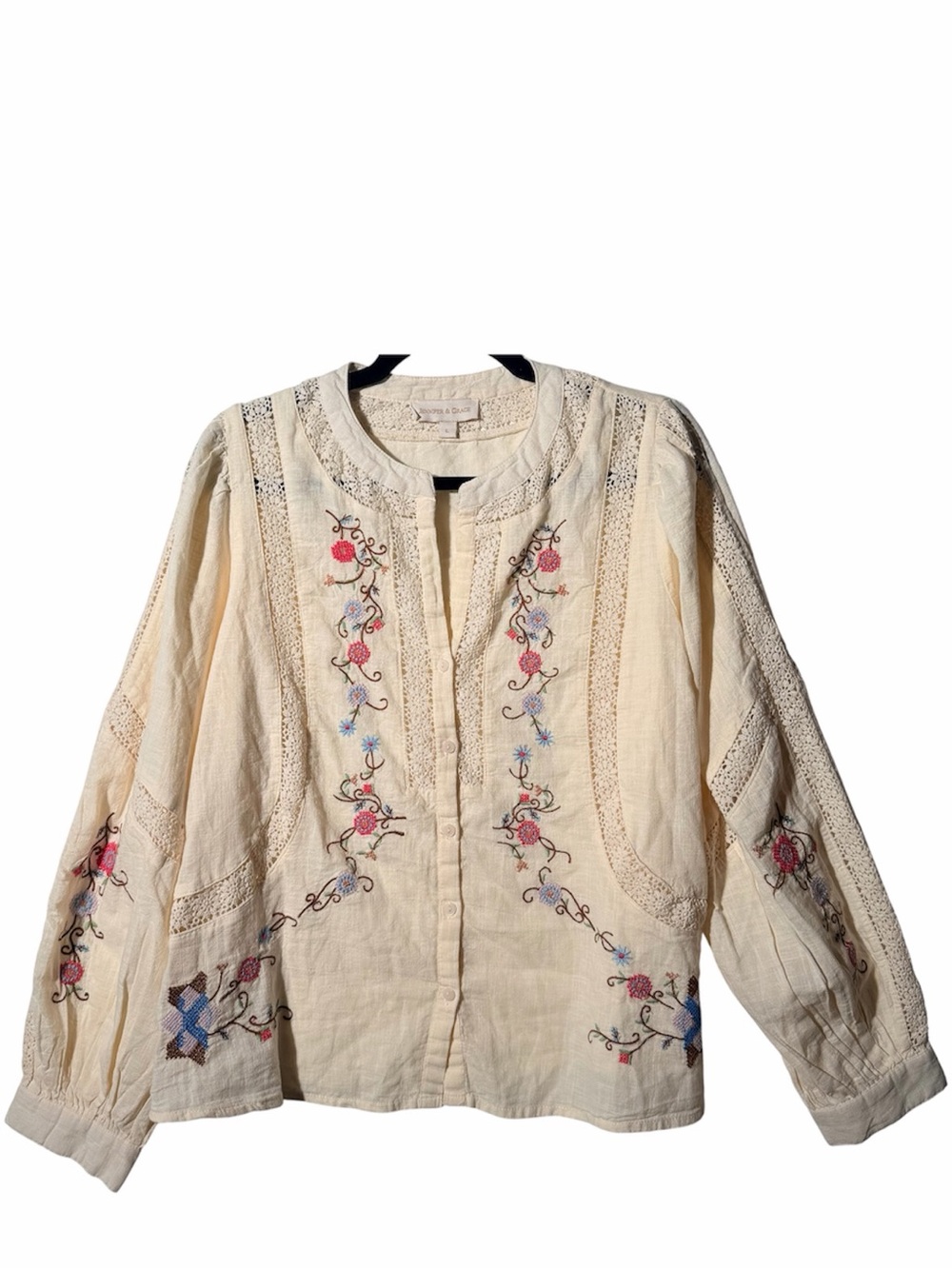 Jennifer & Grace Boho Embroidered Cream Button-Front Women’s Top Size Large
